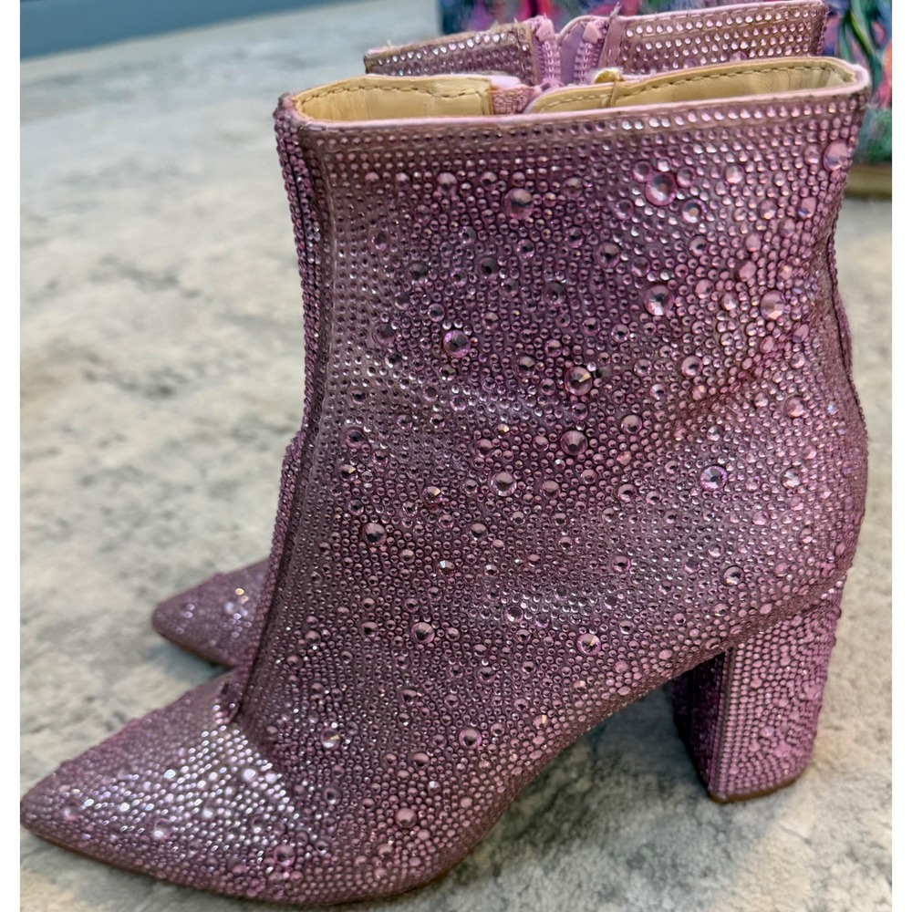 Betsey Johnson SB-Cady Rhinestone Booties Purple Lavender Pointed Toe Block Heel